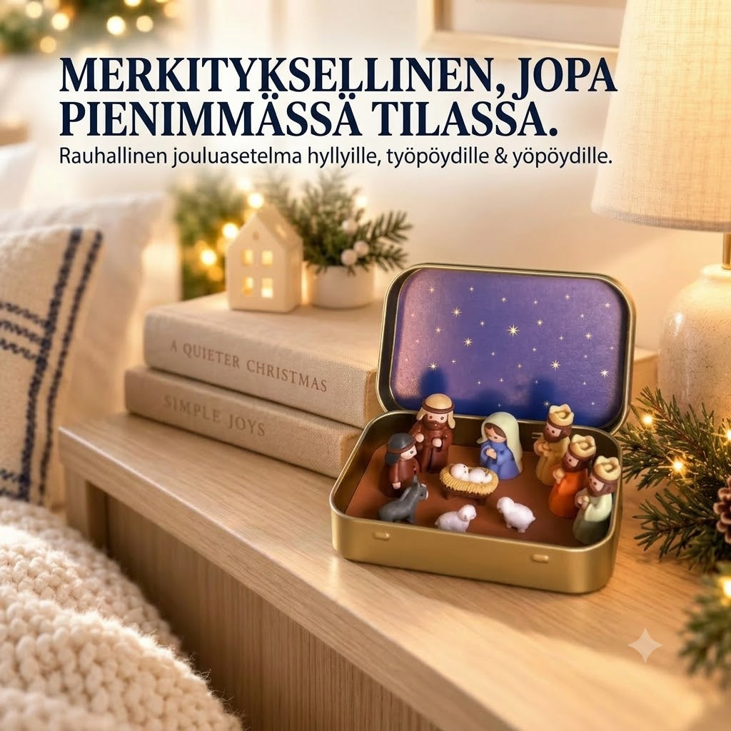 Kannettava mini-jouluseimi metallirasiassa – Taskukokoinen käsintehty seimiasetelma