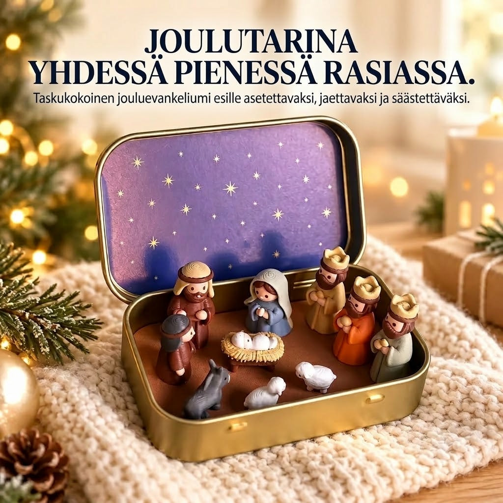 Kannettava mini-jouluseimi metallirasiassa – Taskukokoinen käsintehty seimiasetelma
