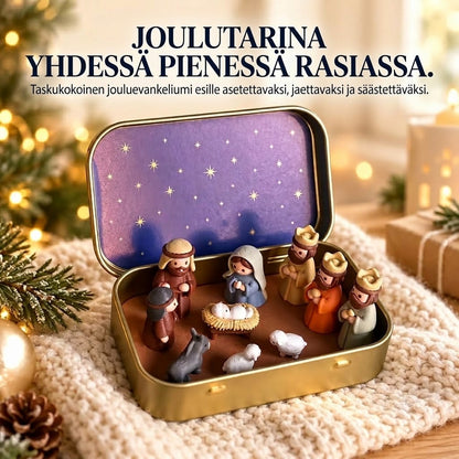 Kannettava mini-jouluseimi metallirasiassa – Taskukokoinen käsintehty seimiasetelma