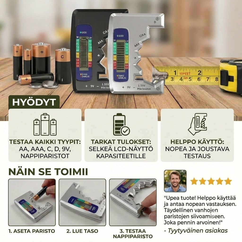 Digitaalinen paristotesteri LCD-näytöllä – Mittaa AA-, AAA-, C-, D-, 9V- ja nappiparistojen kapasiteetin 🔋