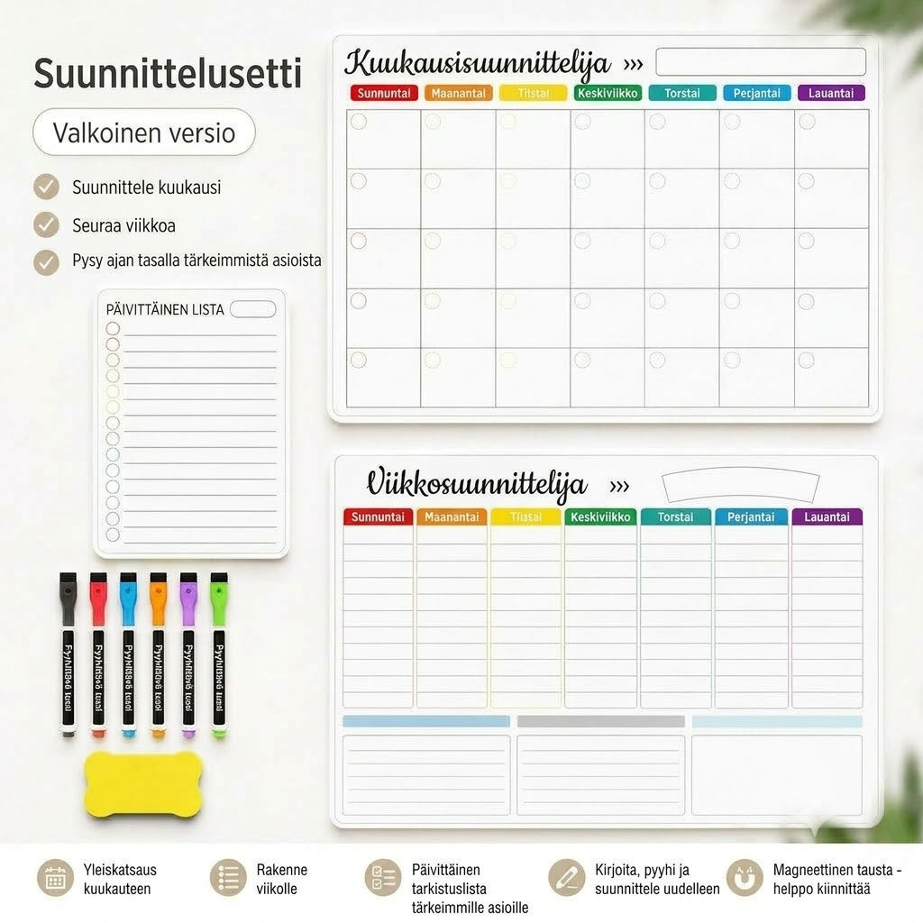 Magneettinen perhekalenteri – Kuukausi-, viikko- ja päiväsuunnitelma
