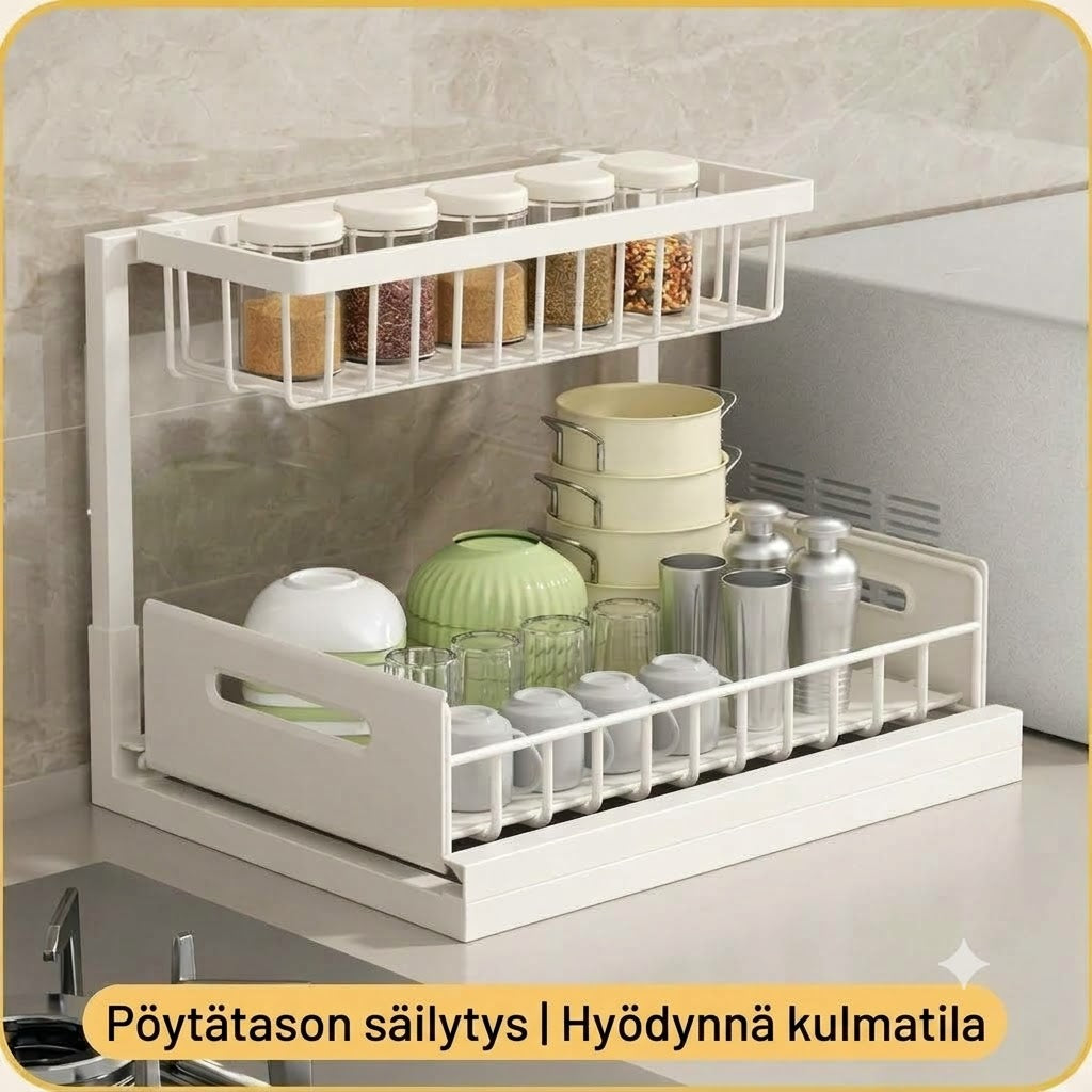 2-kerroksinen ulosvedettävä säilytyshylly allaskaappiin