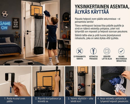 Oven taakse ripustettava pyykkikori: 2-in-1 koripallokori ja pyykkikori🏀