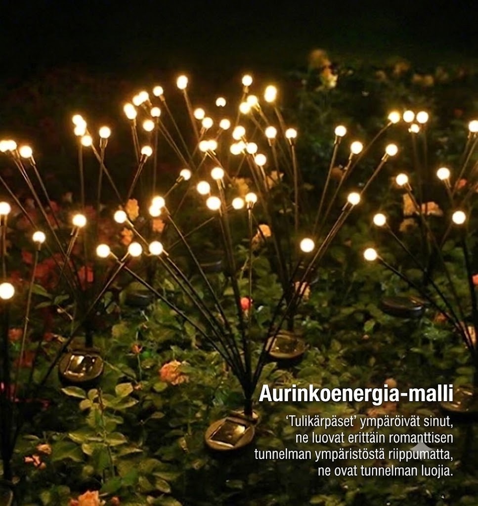 Aurinkokäyttöiset tulikärpäs-puutarhavalot