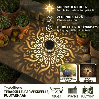 Värikäs aurinkokäyttöinen Mandala-puutarhavalo – Vedenpitävä LED-seinävalaisin heijastustehosteella ulkokäyttöön