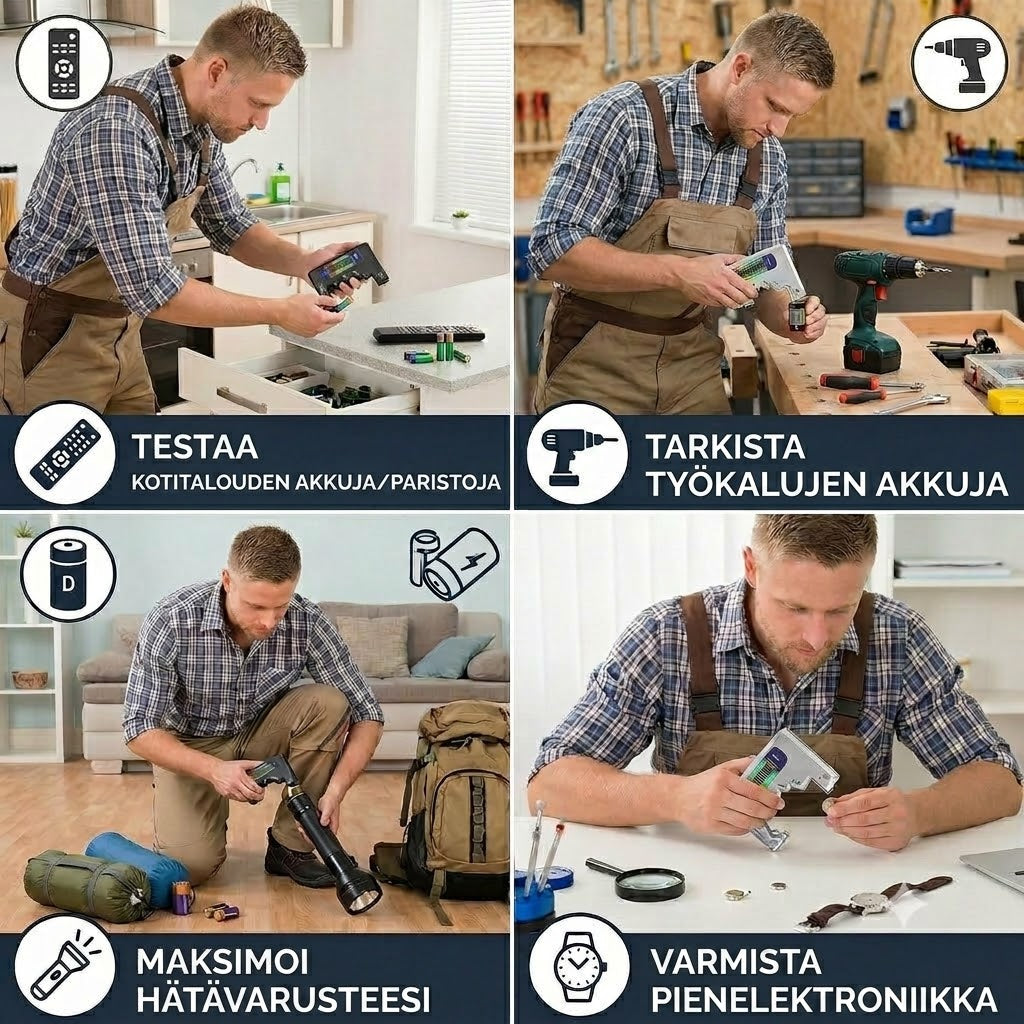 Digitaalinen paristotesteri LCD-näytöllä – Mittaa AA-, AAA-, C-, D-, 9V- ja nappiparistojen kapasiteetin 🔋