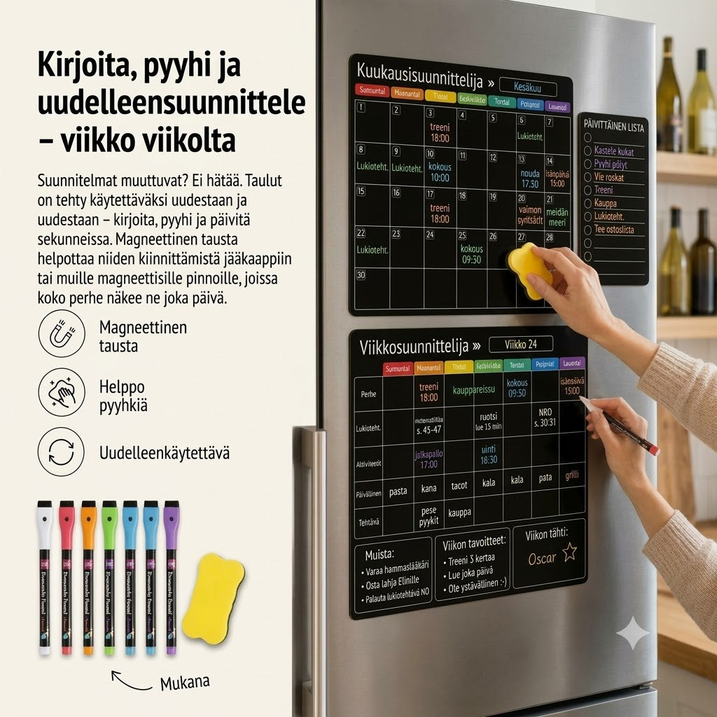 Magneettinen perhekalenteri – Kuukausi-, viikko- ja päiväsuunnitelma