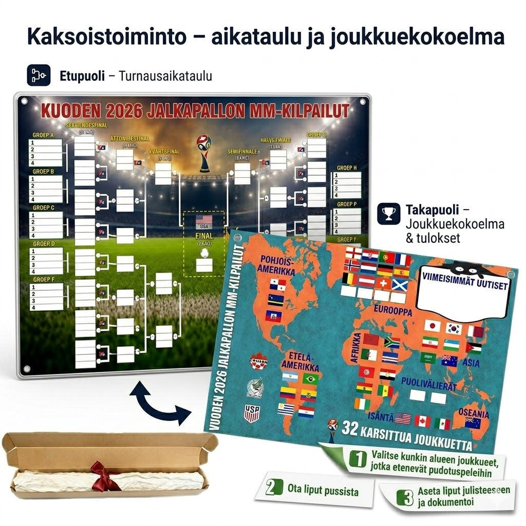 Jalkapallon MM-kisojen 2026 otteluohjelmaposteri – Täytä, aseta vedot ja seuraa koko turnausta.