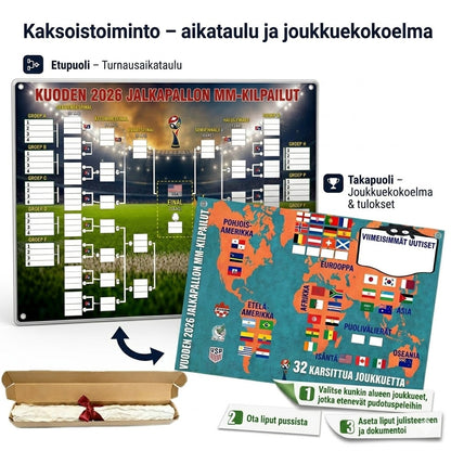 Jalkapallon MM-kisojen 2026 otteluohjelmaposteri – Täytä, aseta vedot ja seuraa koko turnausta.