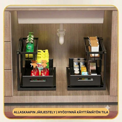 2-kerroksinen ulosvedettävä säilytyshylly allaskaappiin