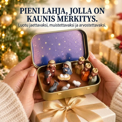 Kannettava mini-jouluseimi metallirasiassa – Taskukokoinen käsintehty seimiasetelma