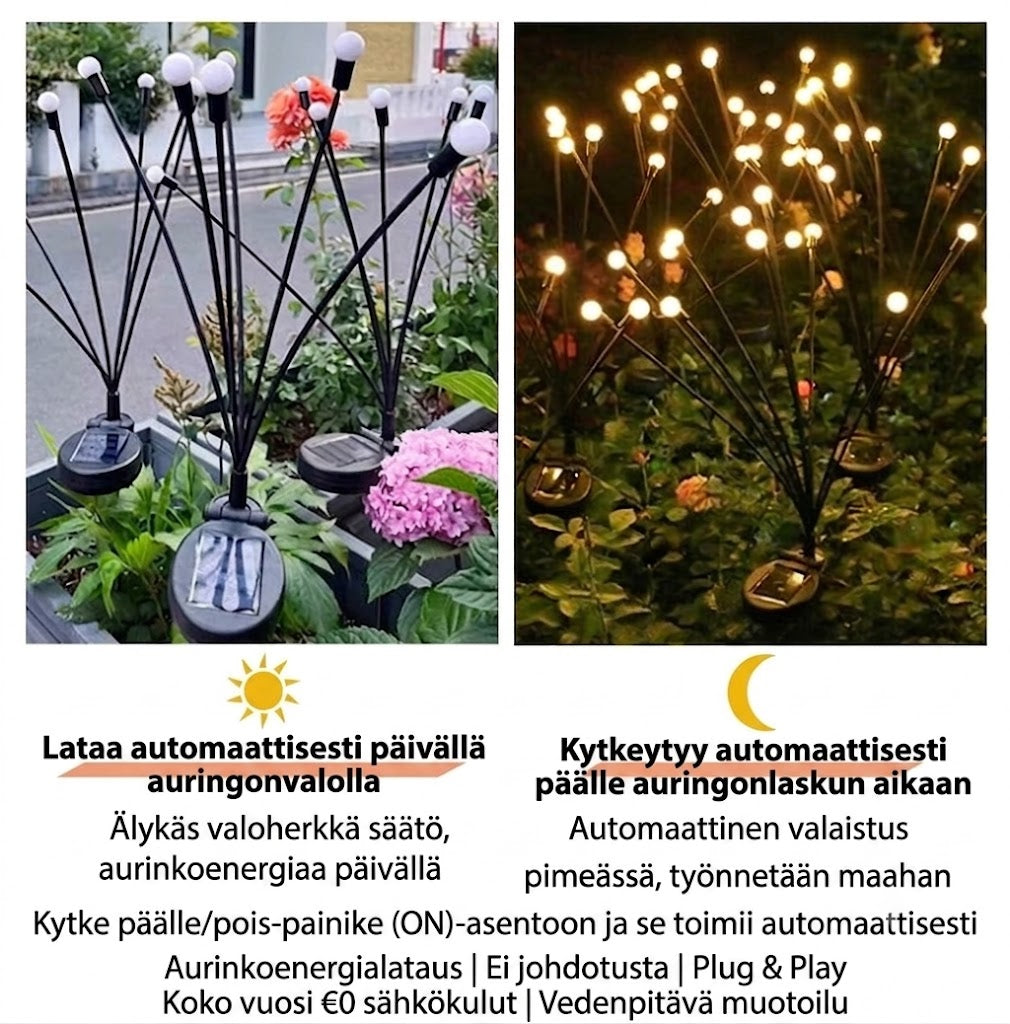 Aurinkokäyttöiset tulikärpäs-puutarhavalot