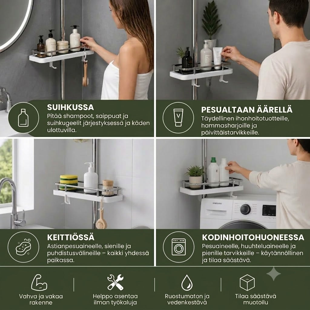 Suihkutanko hyllyllä kylpyhuoneeseen