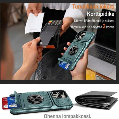 Iskuakestävä suojakuori iPhonelle korttipaikalla ja integroidulla rengaspidikkeellä
