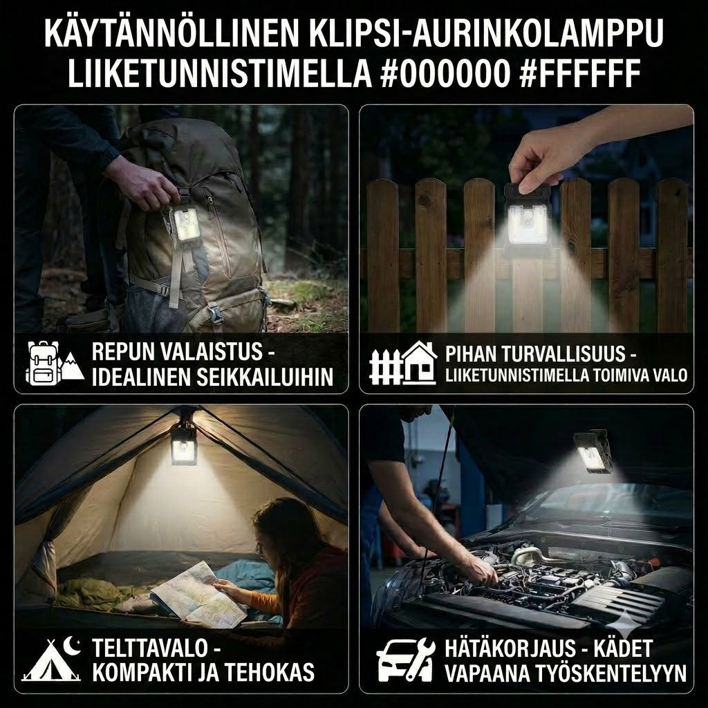 Kätevä klipsillinen aurinkokennovalaisin liiketunnistimella