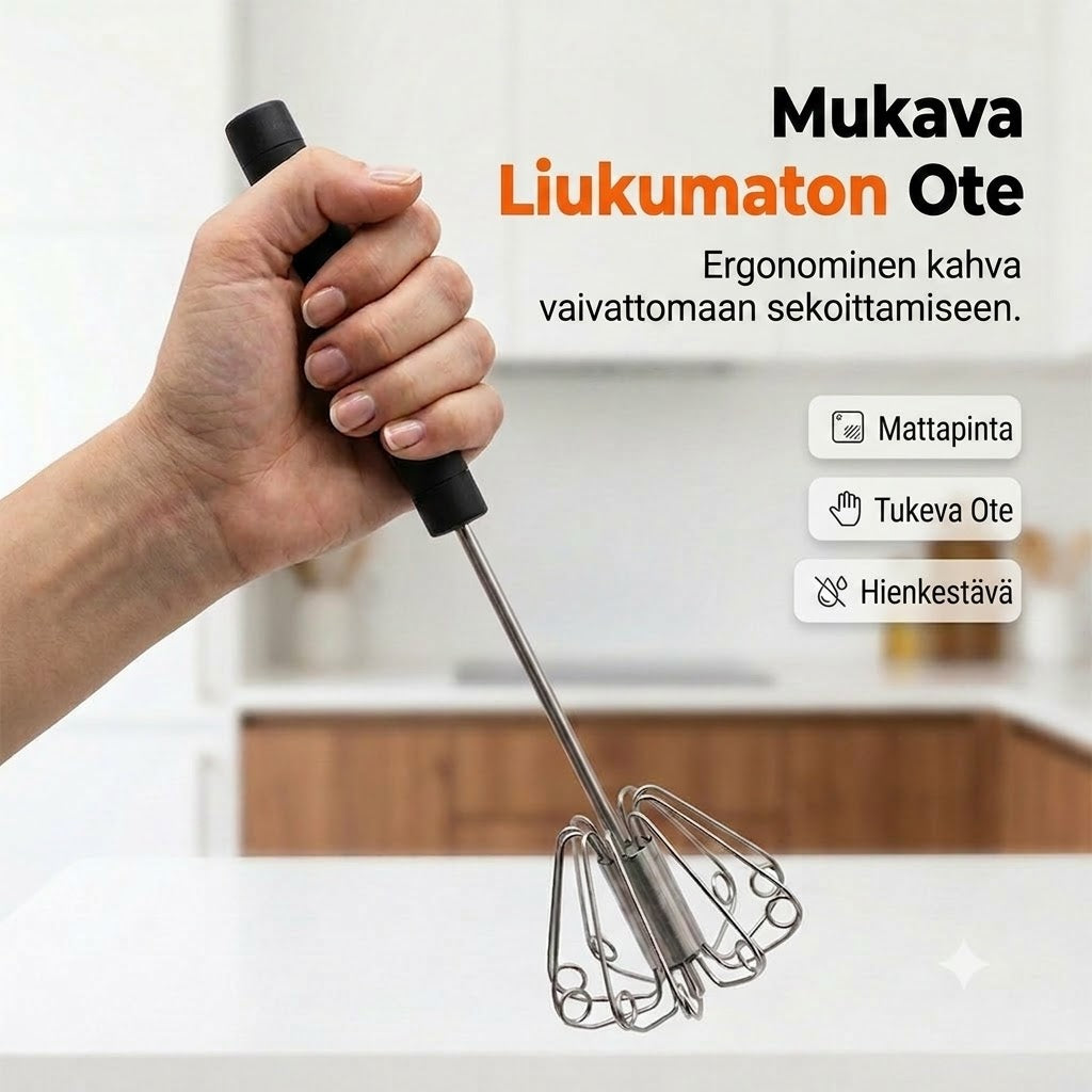 Kätevä keittiöapulainen: Ruostumattomasta teräksestä valmistettu vispilä liukumattomalla kahvalla
