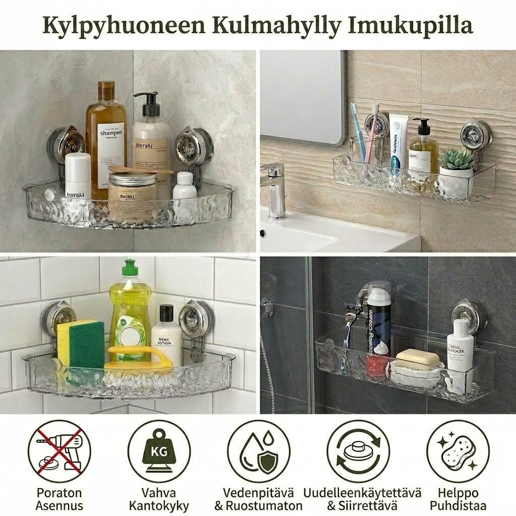Kylpyhuoneen kulmahylly imukupeilla – Säilytyshylly ilman poraamista
