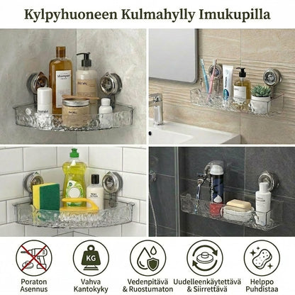 Kylpyhuoneen kulmahylly imukupeilla – Säilytyshylly ilman poraamista