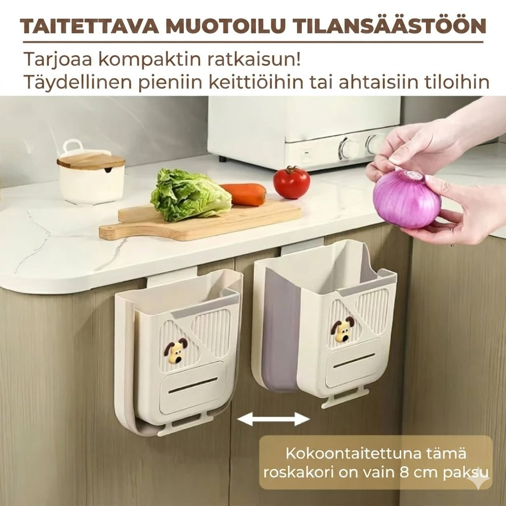 Tilaa säästävä kokoontaitettava roskakori