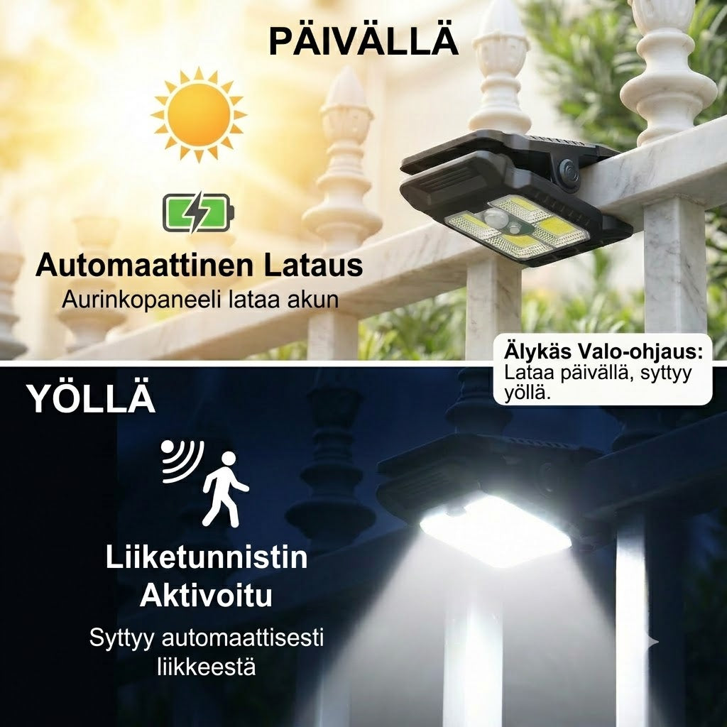 Kätevä klipsillinen aurinkokennovalaisin liiketunnistimella