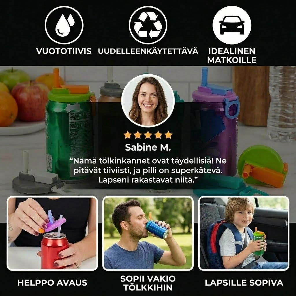 2-in-1 Uudelleenkäytettävät silikonikannet tölkeille pillillä – Vuotamattomat ja kannettavat juomakannet (1 setti, 2 kpl)