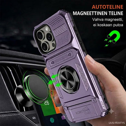 Iskuakestävä suojakuori iPhonelle korttipaikalla ja integroidulla rengaspidikkeellä