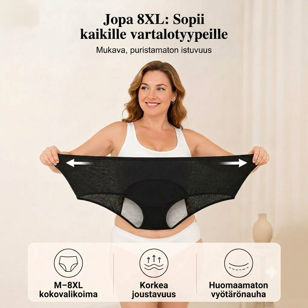 Korkeavyötäröiset vuotamattomat kuukautisalushousut etu- ja takasuojalla – Tehokas suoja sivuvuotoja vastaan