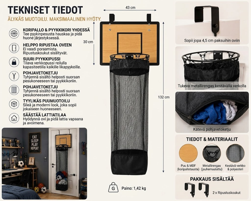 Oven taakse ripustettava pyykkikori: 2-in-1 koripallokori ja pyykkikori🏀