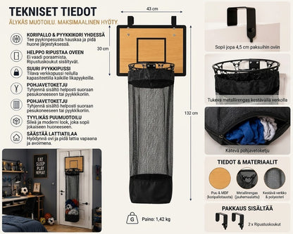 Oven taakse ripustettava pyykkikori: 2-in-1 koripallokori ja pyykkikori🏀