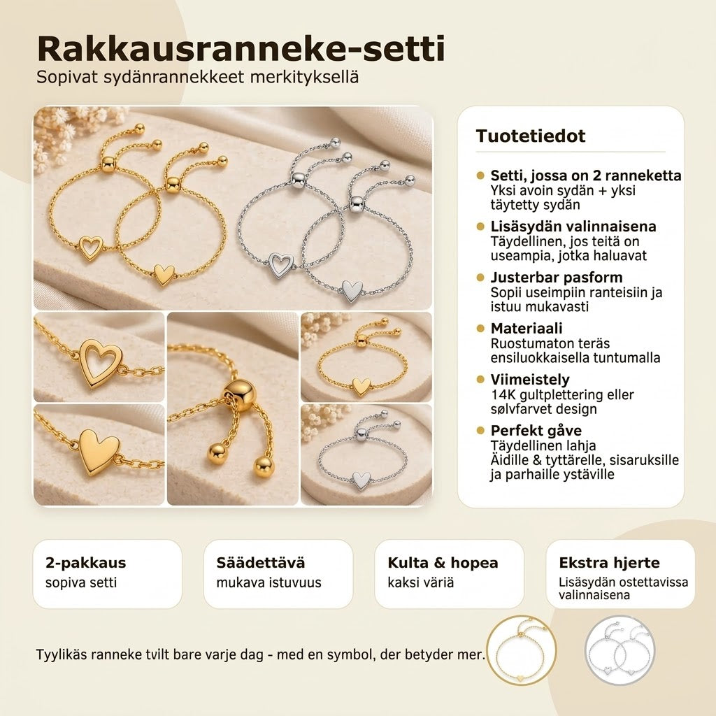 Rakkausrannekorusetti – 14K kullattu sydänrannekoru