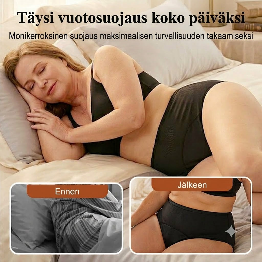 Korkeavyötäröiset vuotamattomat kuukautisalushousut etu- ja takasuojalla – Tehokas suoja sivuvuotoja vastaan