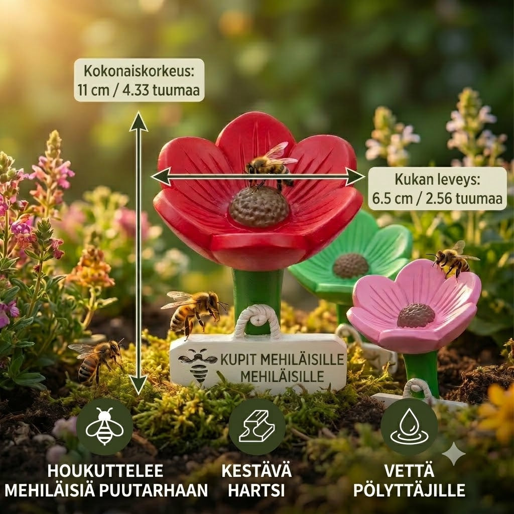 Kukanmuotoinen mehiläisten juottola – Värikäs vesiautomaatti puutarhaan