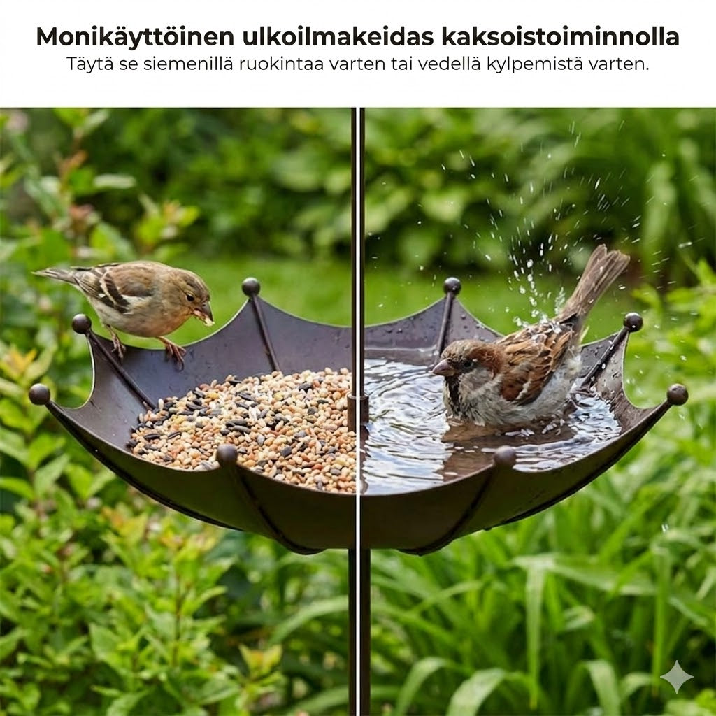 Riippuva lintujen ruokintalaite ja juomakulho – Sateenvarjon muotoinen ruokintasiilo – 2-in-1-ruokinta-asema