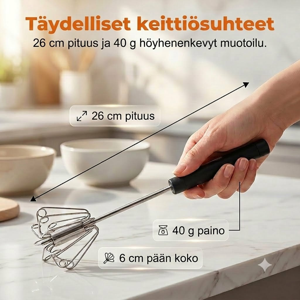 Kätevä keittiöapulainen: Ruostumattomasta teräksestä valmistettu vispilä liukumattomalla kahvalla
