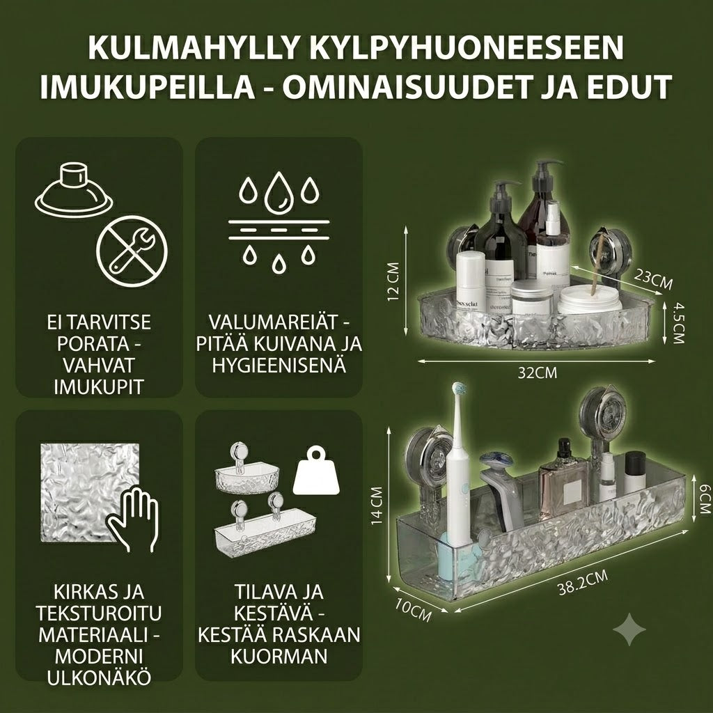 Kylpyhuoneen kulmahylly imukupeilla – Säilytyshylly ilman poraamista