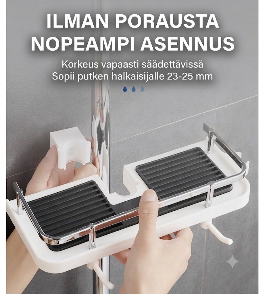 Suihkutanko hyllyllä kylpyhuoneeseen