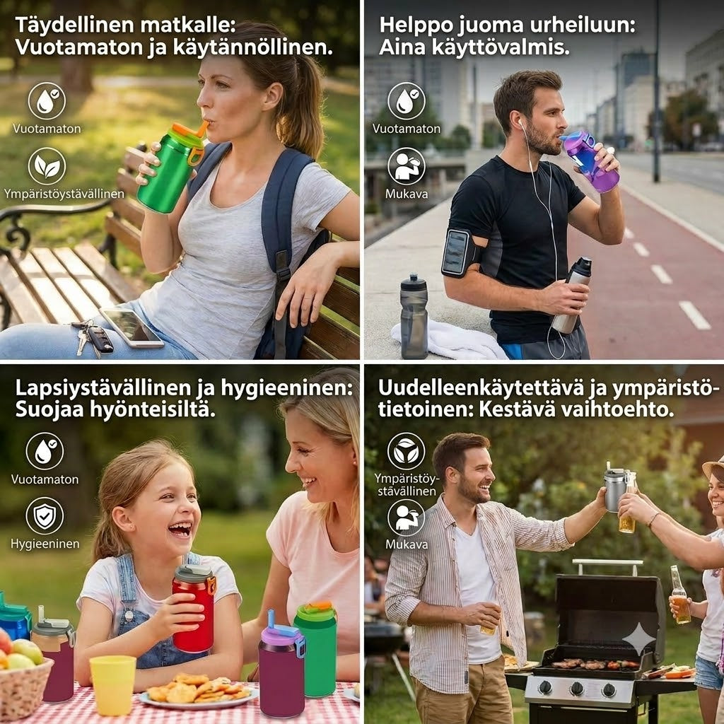 2-in-1 Uudelleenkäytettävät silikonikannet tölkeille pillillä – Vuotamattomat ja kannettavat juomakannet (1 setti, 2 kpl)