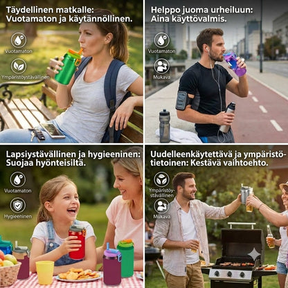 2-in-1 Uudelleenkäytettävät silikonikannet tölkeille pillillä – Vuotamattomat ja kannettavat juomakannet (1 setti, 2 kpl)
