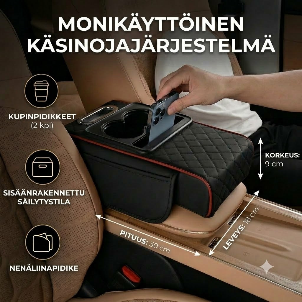 Monikäyttöinen säilytyslaukku auton kyynärnojalle – Mukitelineellä ja sisäänrakennetulla lokerolla