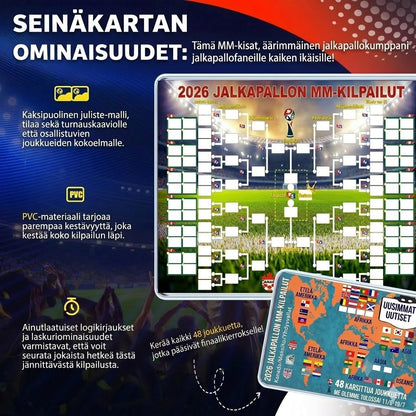 Jalkapallon MM-kisojen 2026 otteluohjelmaposteri – Täytä, aseta vedot ja seuraa koko turnausta.