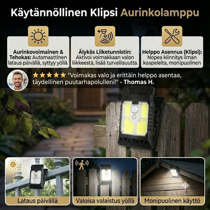 Kätevä klipsillinen aurinkokennovalaisin liiketunnistimella