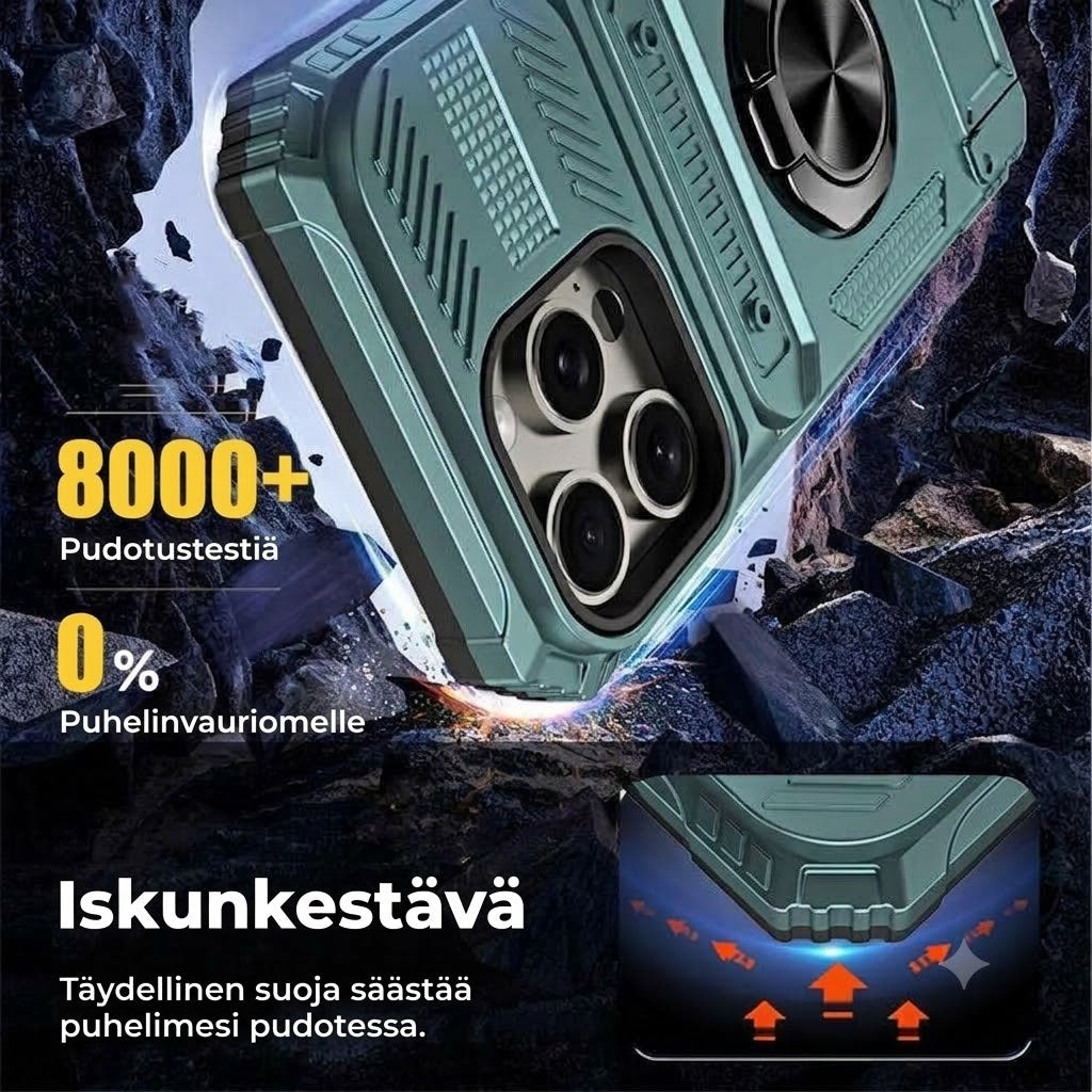 Iskuakestävä suojakuori iPhonelle korttipaikalla ja integroidulla rengaspidikkeellä