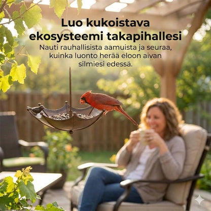 Riippuva lintujen ruokintalaite ja juomakulho – Sateenvarjon muotoinen ruokintasiilo – 2-in-1-ruokinta-asema
