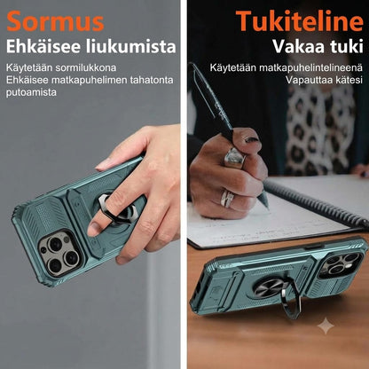 Iskuakestävä suojakuori iPhonelle korttipaikalla ja integroidulla rengaspidikkeellä