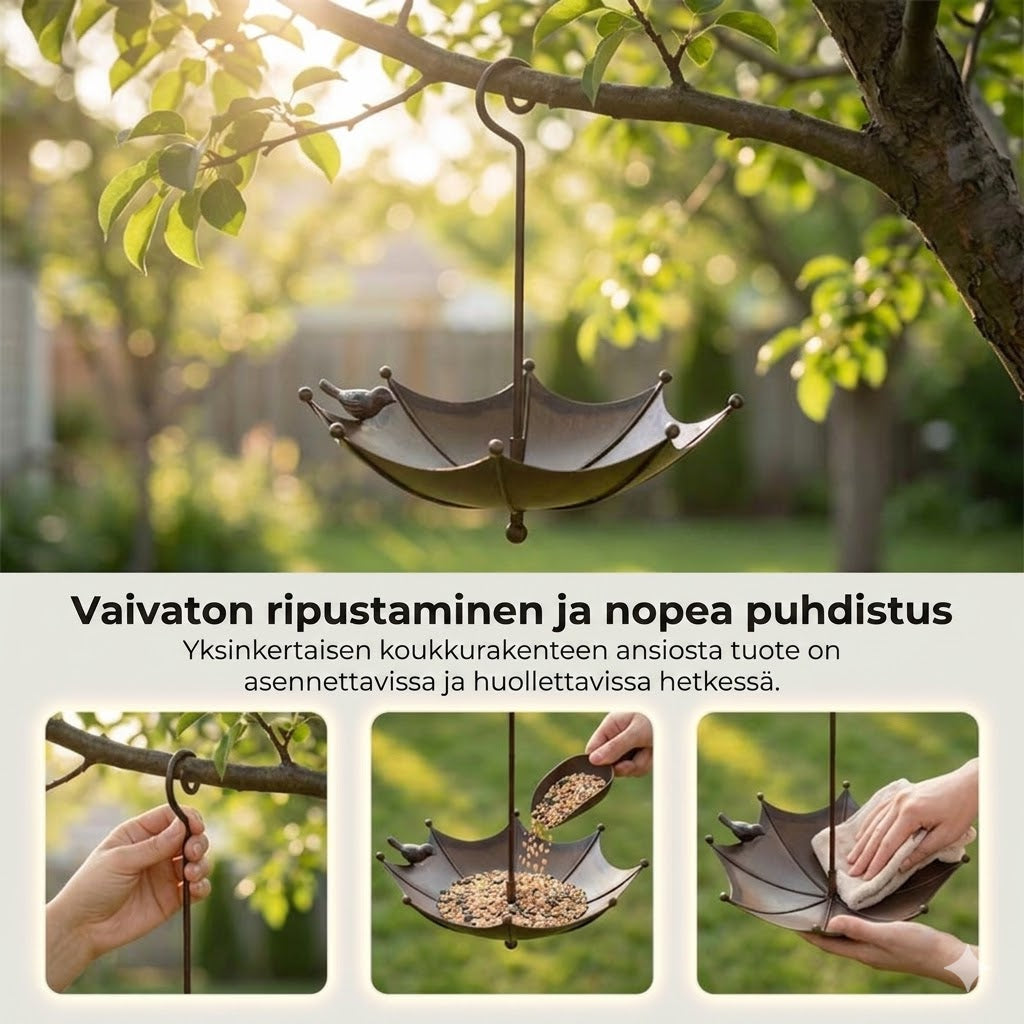 Riippuva lintujen ruokintalaite ja juomakulho – Sateenvarjon muotoinen ruokintasiilo – 2-in-1-ruokinta-asema