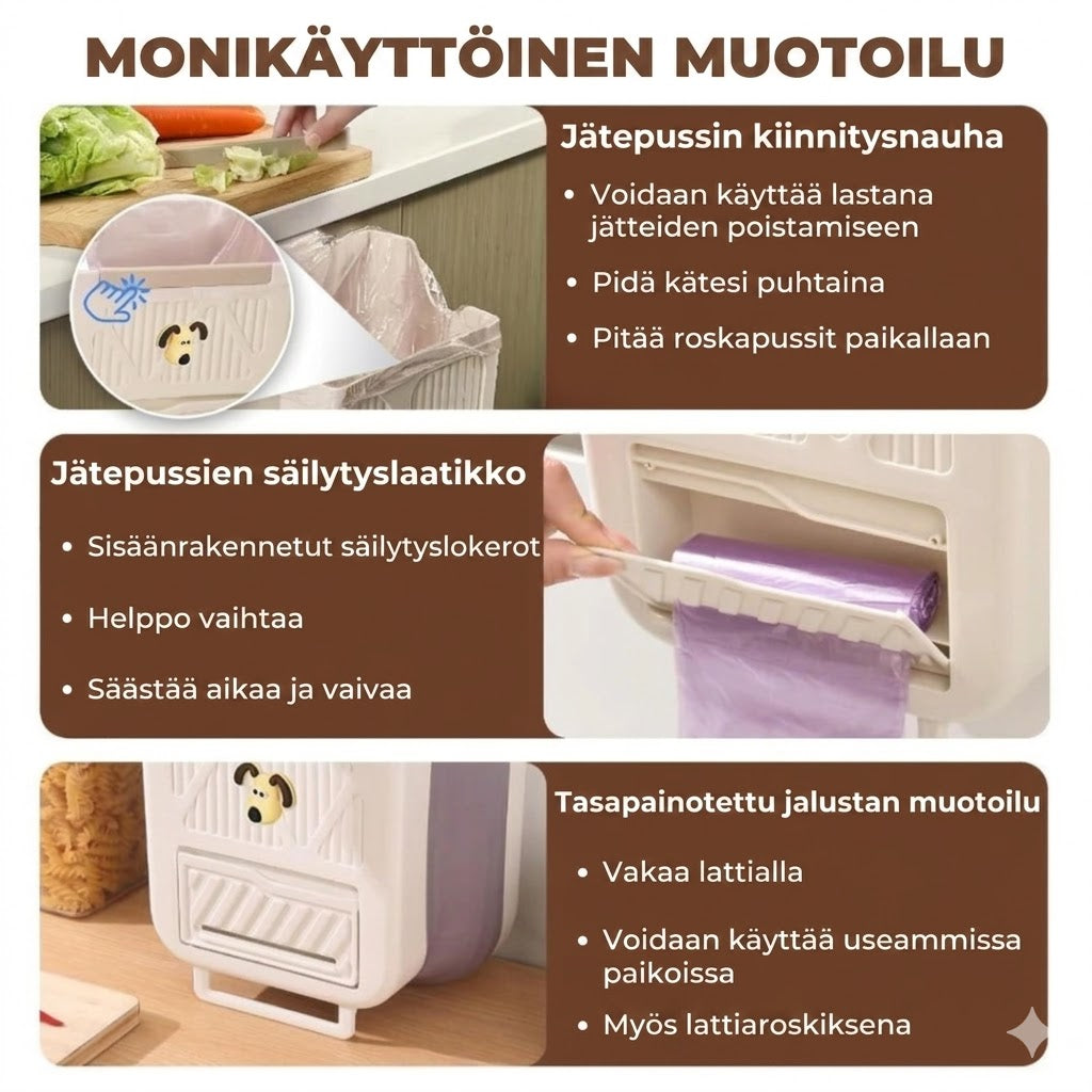 Tilaa säästävä kokoontaitettava roskakori