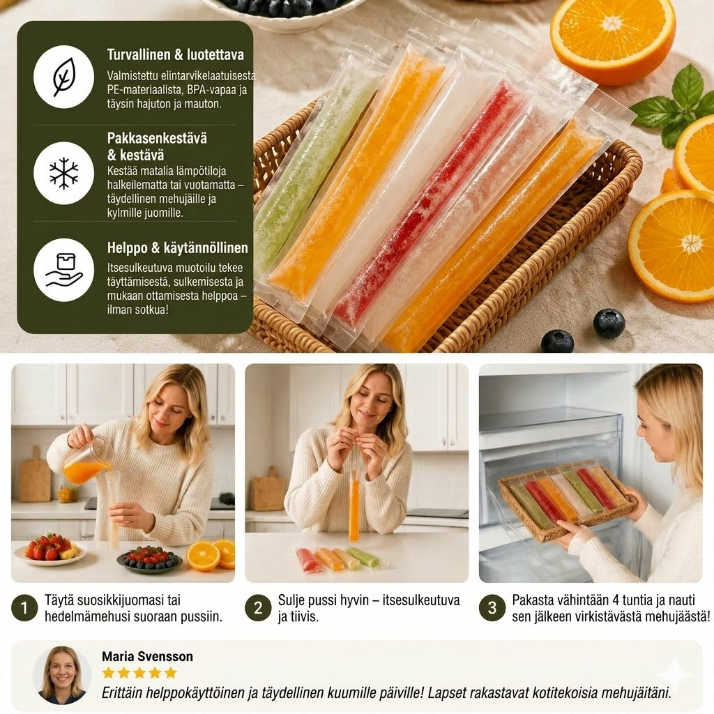 DIY-mehujöpussit (100 kpl) – Kertakäyttöiset mehujäämuit