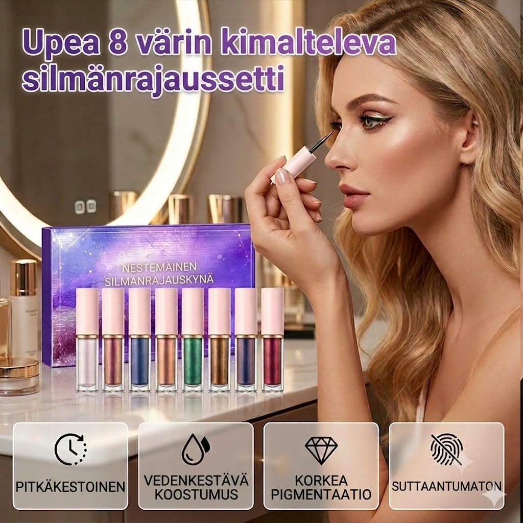 ✨ 8-osainen nestemäinen glitter-silmänrajauskynäsetti