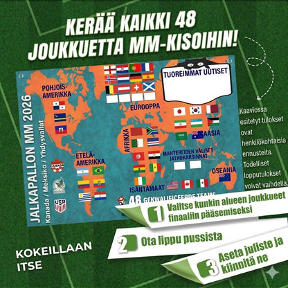 Jalkapallon MM-kisojen 2026 otteluohjelmaposteri – Täytä, aseta vedot ja seuraa koko turnausta.
