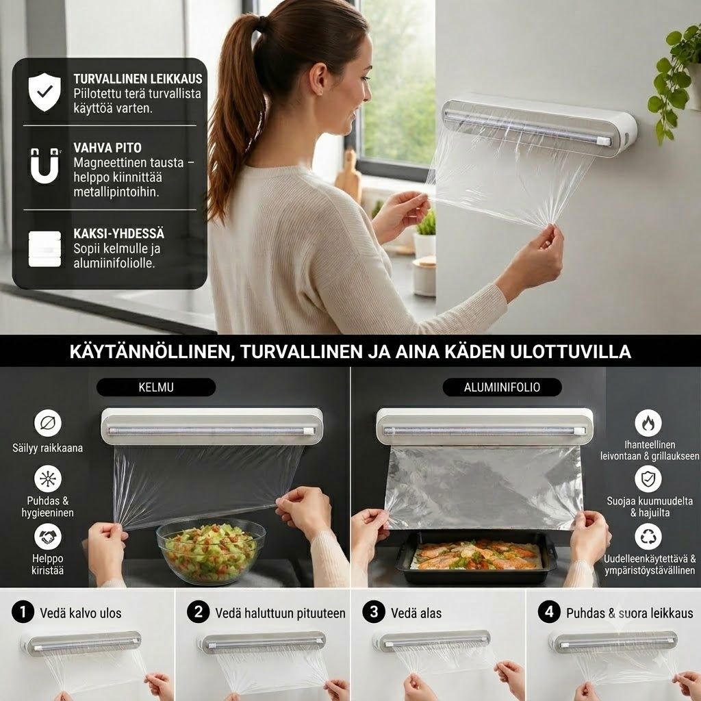 Seinään kiinnitettävä magneettinen folio- ja tuorekelmuteline turvaleikkurilla